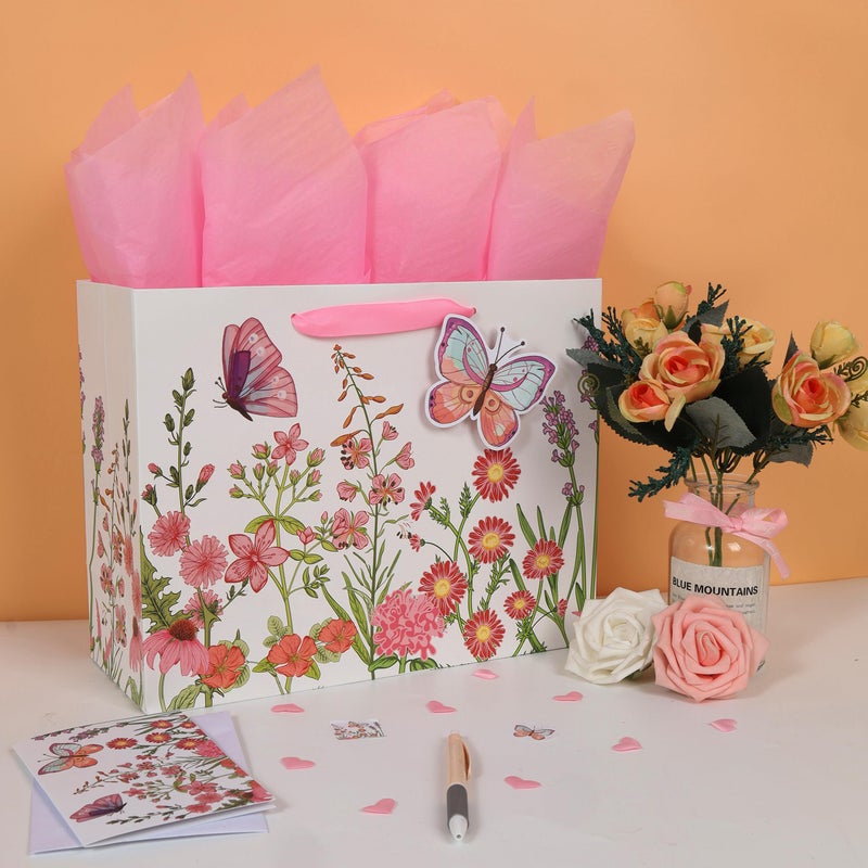 Qirrmiy 13"" Large Pink Gift Bag Set with Greeting Card and Tissue Papers (3D Butterfly and Flowers) for Women's Birthday Party  Girls' or Kids'  Mothers' Day  Wedding  Valentine's Day - Image 5